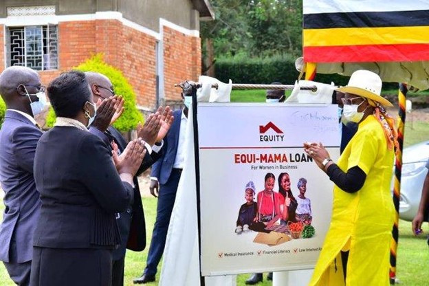 First Lady Janet Museveni alongside Equity Bank staff led by MD Anthony Kituuka, at the opening of the Bank branch in Ntungamo and the launch of Equi-Mama Product