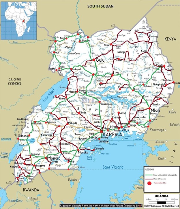 Map of Uganda showing installation of fiber optic cables, transmission sites, and data centers