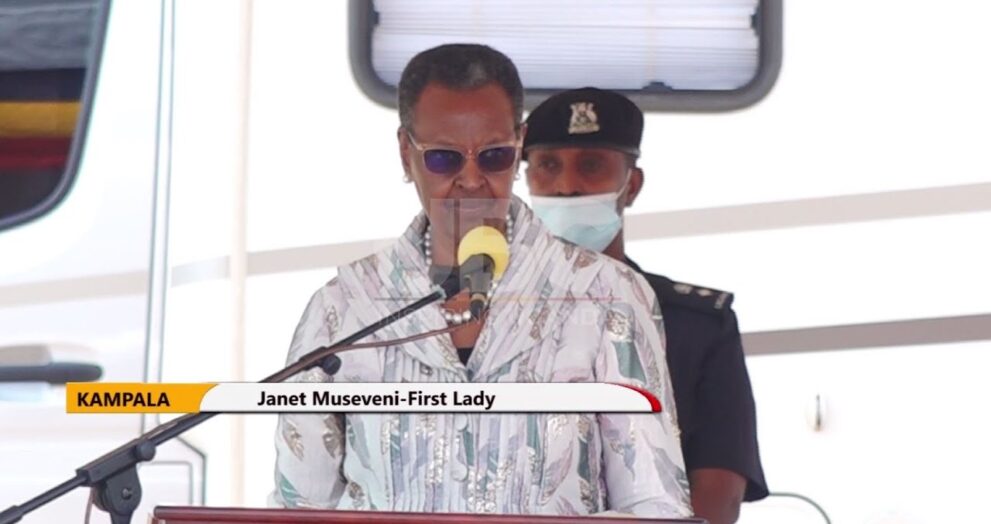 First Lady Janet Museveni giving a speech at the golden jubilee marriage celebration of Pastor Nicolas Wafula at Kololo independent grounds on Saturday 29th April 2023