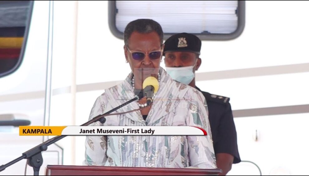 First Lady Janet Museveni giving a speech at the golden jubilee marriage celebration of Pastor Nicolas Wafula at Kololo independent grounds on Saturday 29th April 2023